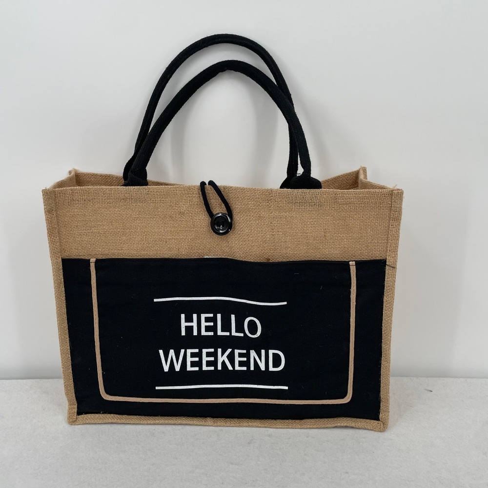 Hello Weekend Jute Burlap Tote Bag Black Tan Beach Market Carryall Large